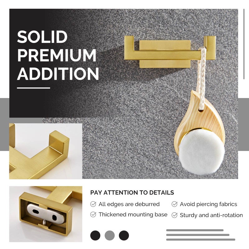 Angle Simple Towel Hook for Bathroom, SUS 304 Stainless Steel Hand Towel Holder, Double Robe Coat Hook for Wall, Brushed Gold - Image 4